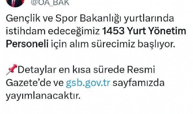Gençlik ve Spor Bakanlığı, 1453 yurt yönetim personeli alacak