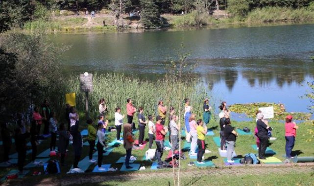 Gölcük'te çam ağaçları arasında yoga