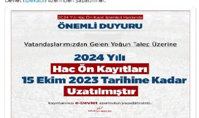 Hac ön kayıt işlemleri, 15 Ekim'e kadar uzatıldı