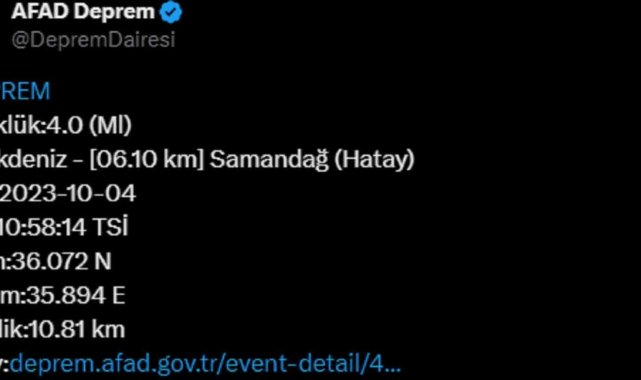 Hatay'da 4 büyüklüğünde deprem
