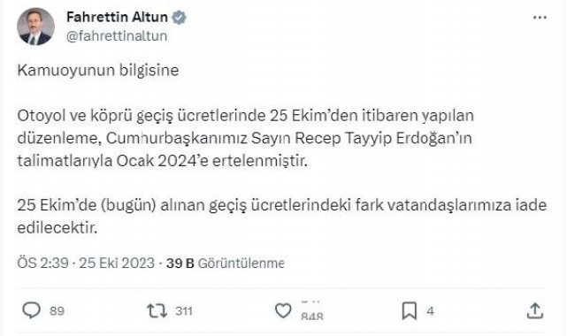 Köprü ve otoyol geçişlerine zam ertelendi