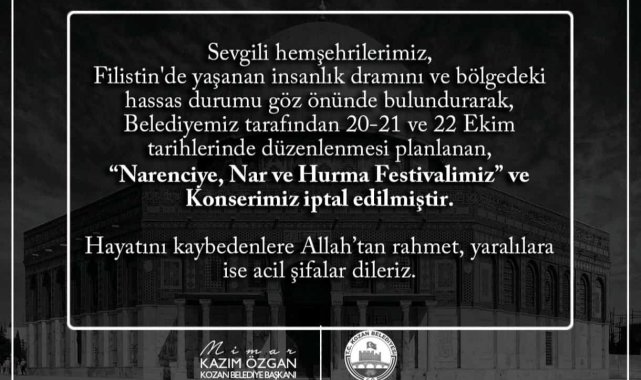 Kozan'da 'Narenciye, Nar ve Hurma Festivali' iptal edildi