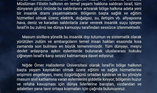 Niğde Ömer Halisdemir Üniversitesi'nden İsrail'in tutumuna "sessiz kalmayın" çağrısı