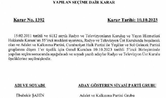 RTÜK üyelikleri için yapılan seçime dair karar Resmi Gazete'de