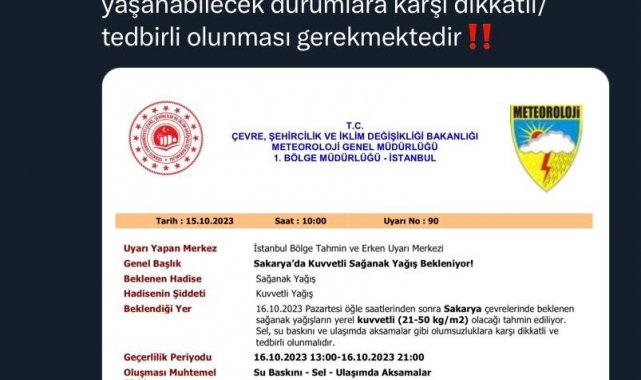 Sakarya'da kuvvetli sağanak uyarısı
