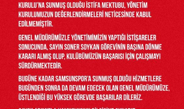 Samsunspor, genel müdür Soykan'ın istifasını kabul etmedi
