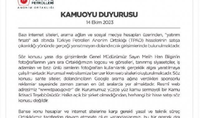 TPAO'dan dolandırıcılara karşı uyarı