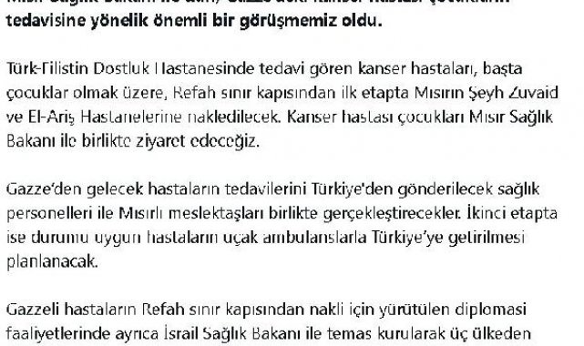 Bakan Koca: Gazze'den gelecek hastaların tedavisini Türk ve Mısırlı hekimler gerçekleştirecek
