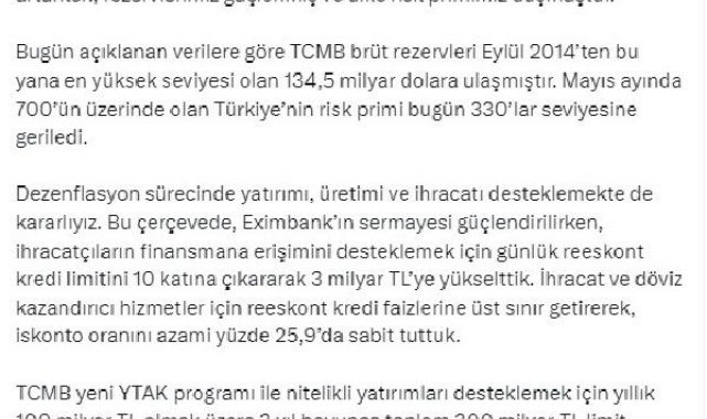 Bakan Şimşek: Uyguladığımız politikalarla rezervlerimiz güçlenmiş ve ülke risk primimiz düşmüştür
