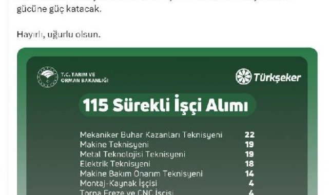 Bakan Yumaklı: TÜRKŞEKER'e 115 işçi alınacak