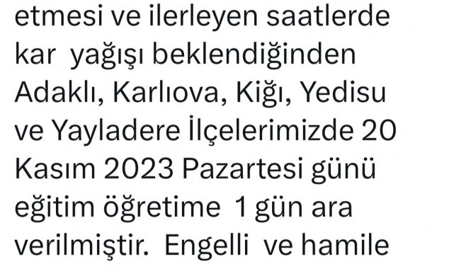 Bingöl'ün 5 ilçesinde okullar tatil edildi