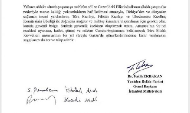 Fatih Erbakan'dan Gazze'de TSK'ya görev talebi