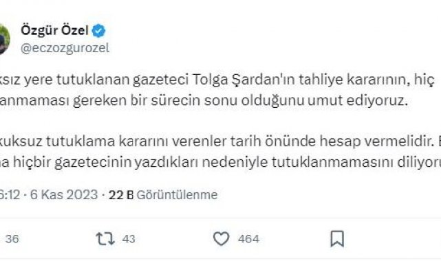 Özgür Özel: Hukuksuz tutuklama kararını verenler tarih önünde hesap vermelidir