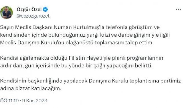 Özgür Özel: Meclis Başkanından, Meclis Danışma Kurulu'nu olağanüstü toplamasını istedim