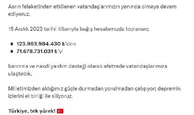 AFAD, bağış hesabında toplanan 71 milyar lirayı afetzedelere ulaştırdı