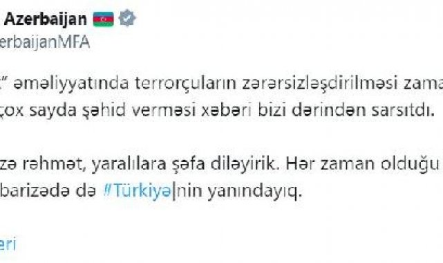 Azerbaycan Dışişleri Bakanlığı: Terörle mücadelede Türkiye'nin yanındayız