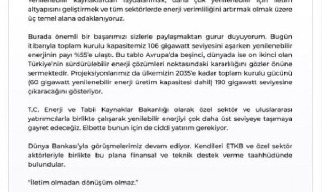Bakan Bayraktar: Toplam kurulu kapasitemiz 106 gigawatt seviyesini aştı