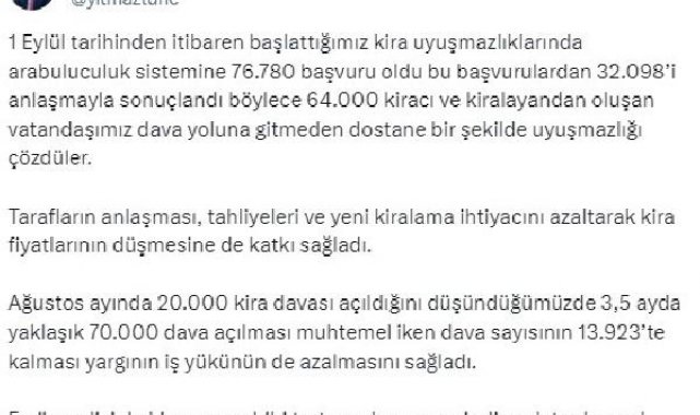 Bakan Tunç: Kira uyuşmazlıklarında 32 bin 98 dosya arabulucuda çözüldü