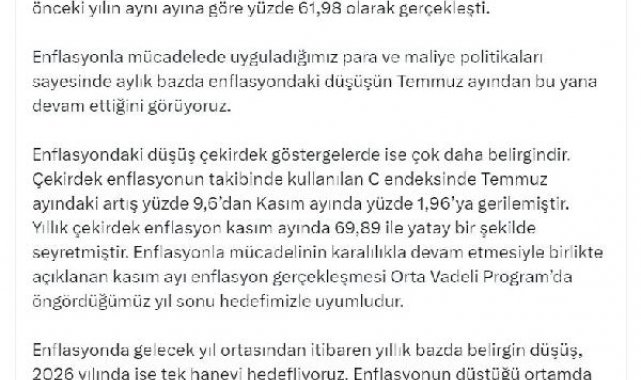 Cevdet Yılmaz: Enflasyonda 2026 yılında tek haneyi hedefliyoruz
