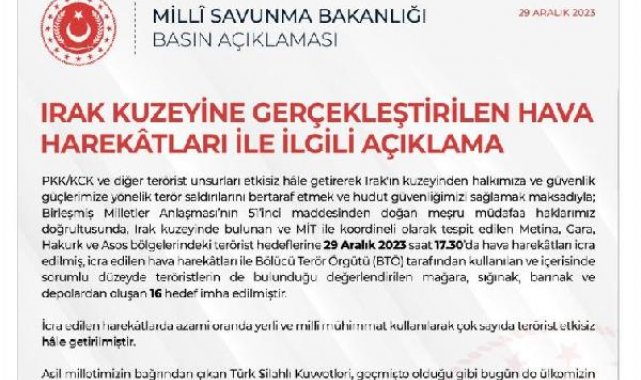 Irak'ın kuzeyine hava harekatı; 16 hedef imha edildi
