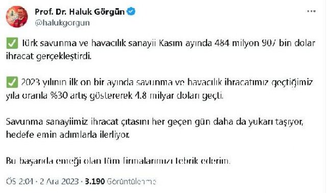 Savunma ve havacılık sanayisi, kasımda 484 milyon 907 bin dolar ihracat yaptı