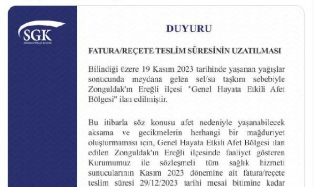SGK: Zonguldak'ın Ereğli ilçesinde faturareçete teslim süresi uzatıldı