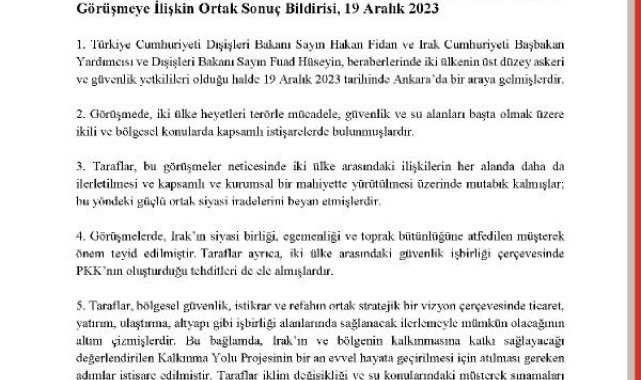 Türkiye ve Irak Cumhuriyeti görüşmesine ilişkin ortak sonuç bildirisi 