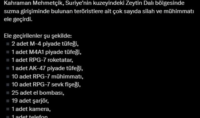 Zeytin Dalı bölgesinde çok sayıda silah ve mühimmat ele geçirildi