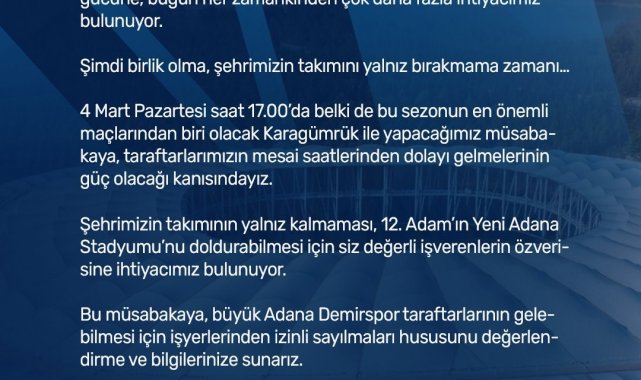Adana Demirspor'dan iş verenlere çağrı