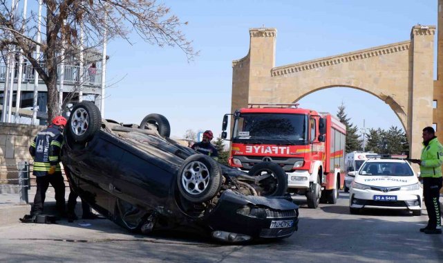 Erzurum'da araç takla attı