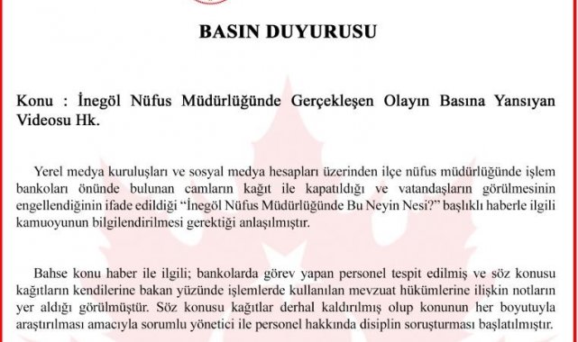 İnegöl Nüfus Müdürlüğü'nde çekilen videoya ilişkin valilikten açıklama