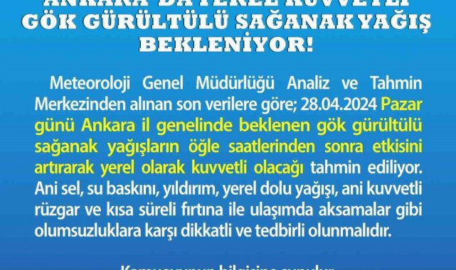 Ankara Valiliği'nden sağanak yağış uyarısı