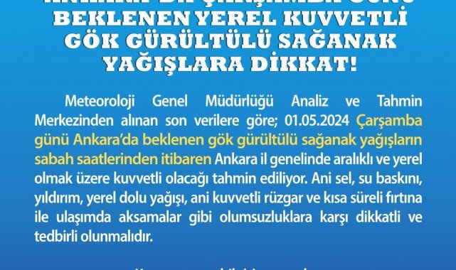 Ankara Valiliğinden yarın için sağanak yağış uyarısı