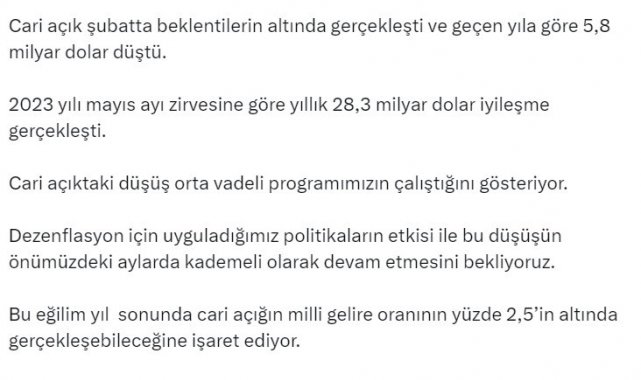 Bakan Şimşek: "Cari açıktaki düşüş orta vadeli programımızın çalıştığını gösteriyor"