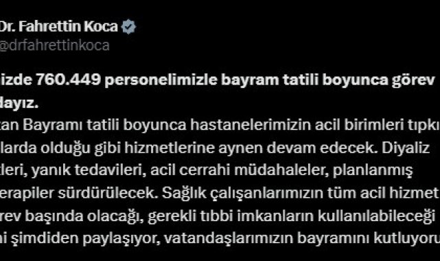 Bayram tatili boyunca 760 bin 449 sağlık personeli görev yapacak