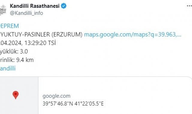 Erzurum'un Pasinler ilçesinde 3,0 büyüklüğünde deprem