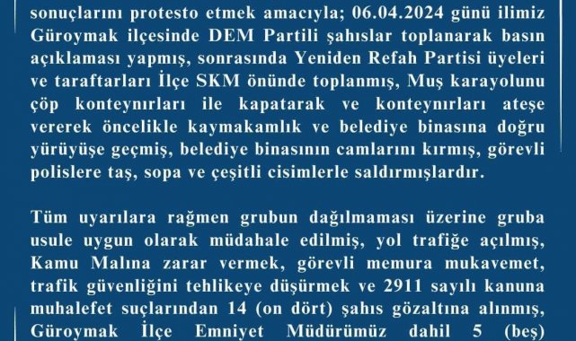 Güroymak'ta çıkan olaylarla ilgili Valilik açıklama yaptı