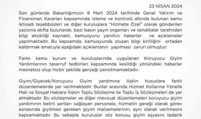 Hazine Bakanlığı: "Koruyucu giyim yardımları kesildi haberleri gerçeği yansıtmıyor"