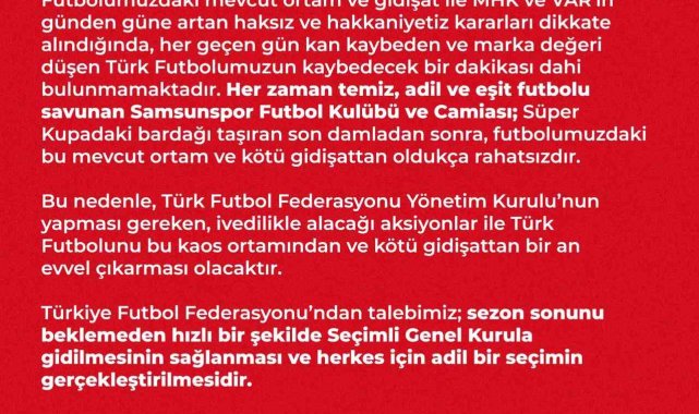 Samsunspor, TFF'yi 'acil' seçimli genel kurula davet etti