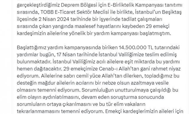 Ticaret Bakanı Bolat açıkladı: "Beşiktaş'taki yangın faciasında hayatını kaybeden 29 işçi için 14 milyon 500 bin TL toplandı"