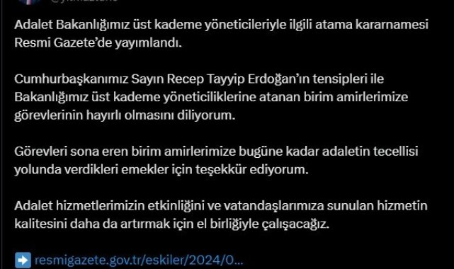 Adalet Bakanlığı üst kademe yöneticileriyle ilgili atama kararnamesi Resmi Gazete'de yayımlandı