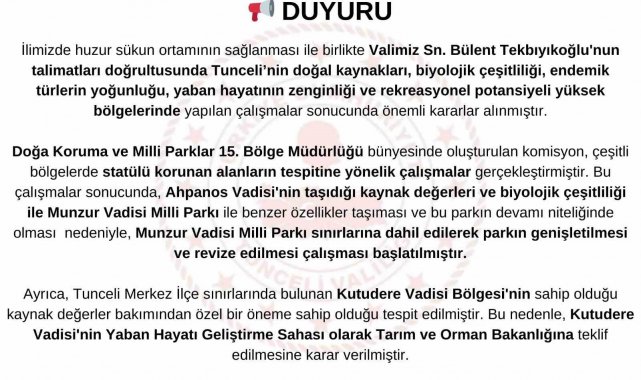 Ahpanos Vadisi, Munzur Vadisi Milli Parkı sınırlarına dahil edildi