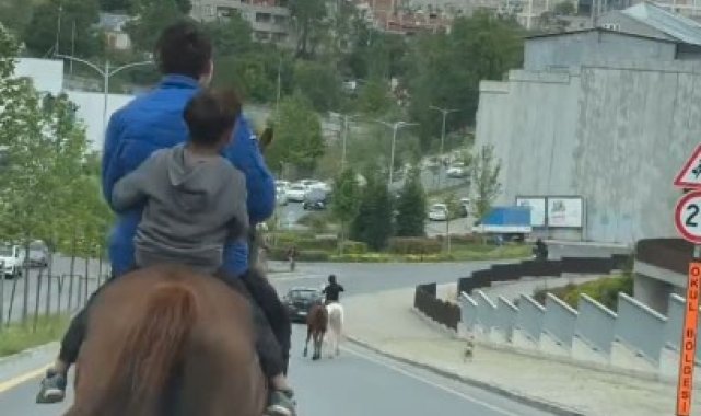 Başakşehir'de trafiğe açık cadde de ilginç görüntü, grup halinde atlarla dolaştılar
