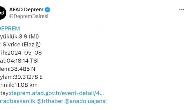 Elazığ'da 3.9 büyüklüğünde deprem