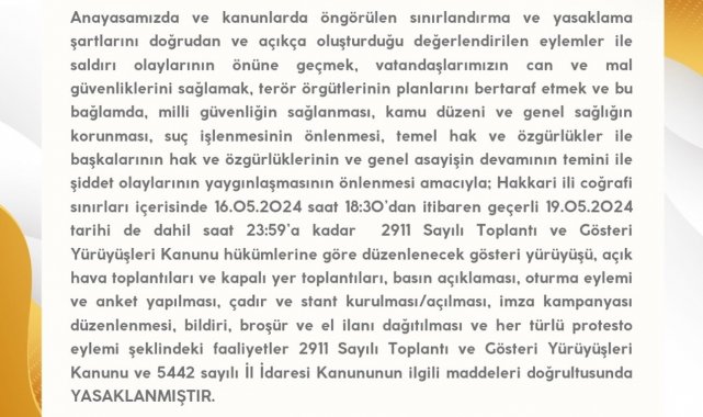Hakkari Valiliğinden yasaklama kararı