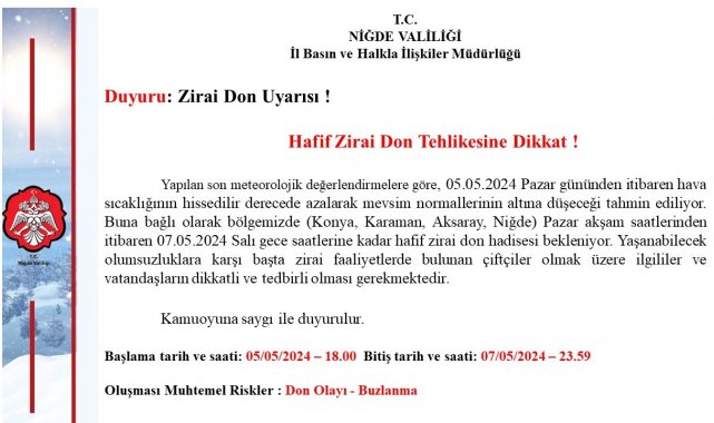 Niğde Valiliği uyardı zirai don uyarısı yaptı