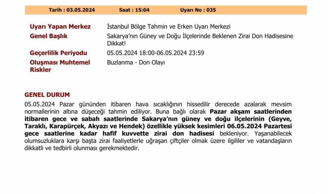 Sakarya'da zirai don uyarısı
