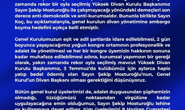 Aziz Yıldırım'dan kongre üyelerine çağrı