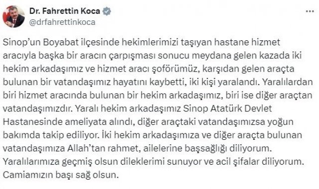 Bakan Koca'dan Sinop'taki kaza açıklaması