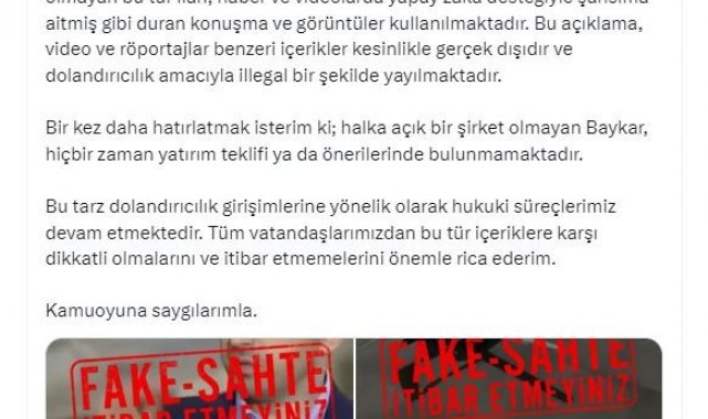 Baykar Yönetim Kurulu Başkanı Selçuk Bayraktar'dan dolandırıcılık uyarısı